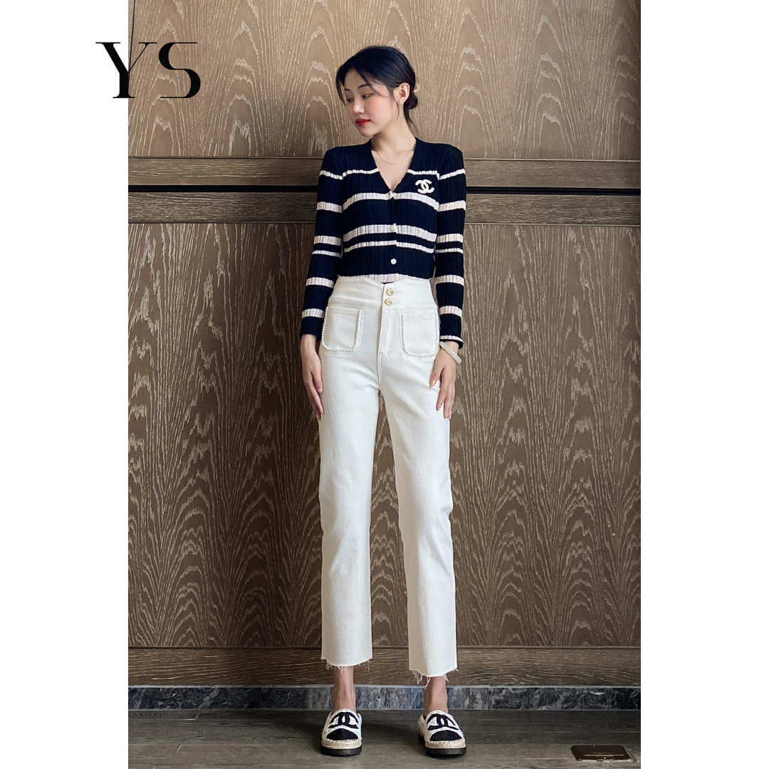 【汤娜娜专属】@106米白色直筒牛仔裤女高腰新款春秋季小个子烟管