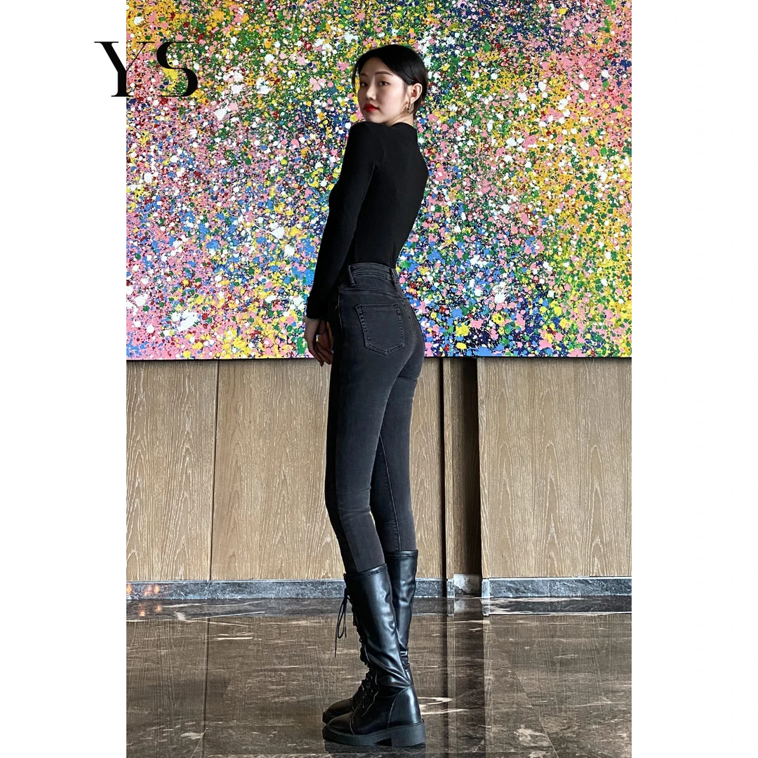 【王幼珊】黑灰色牛仔裤女紧身加绒2025秋冬季显瘦高腰小脚裤子201