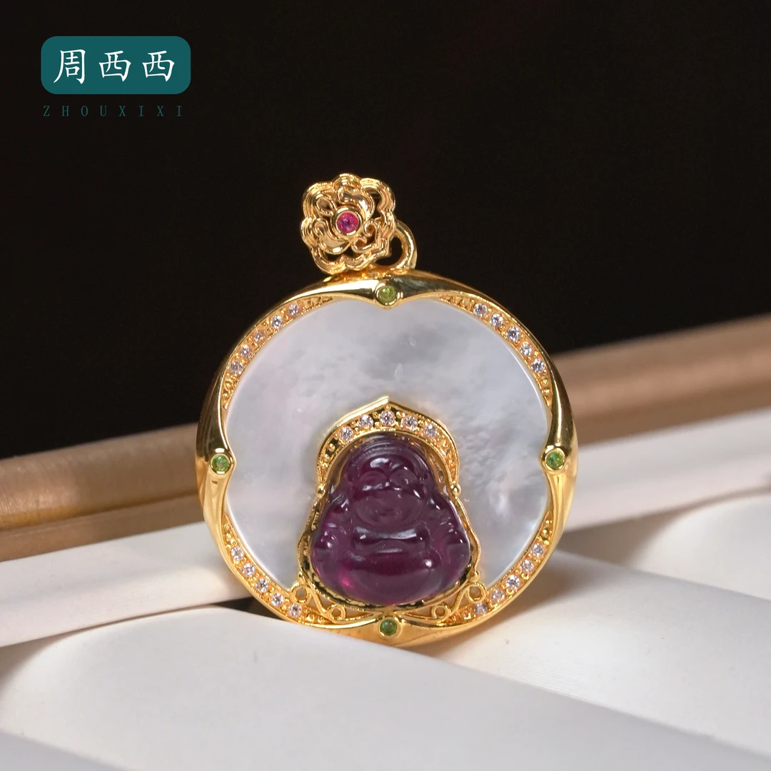周西西精美珠宝石榴石紫牙乌18k金佛公吊坠雕刻多样性发货15386