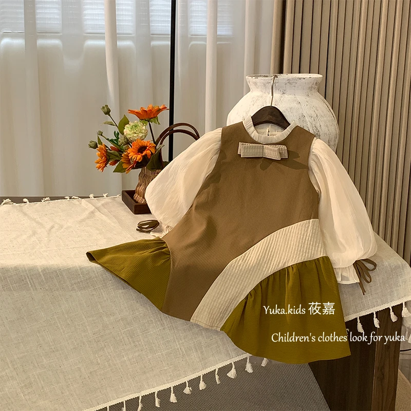 2024秋季新款女童真两件时尚立领长袖雪纺衬衫背心连衣裙YJ24536