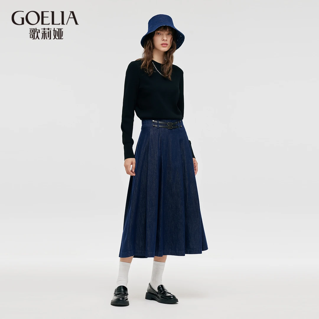 【商场同款】歌莉娅秋牛仔复古休闲百褶学院压褶半裙1C7J2F390