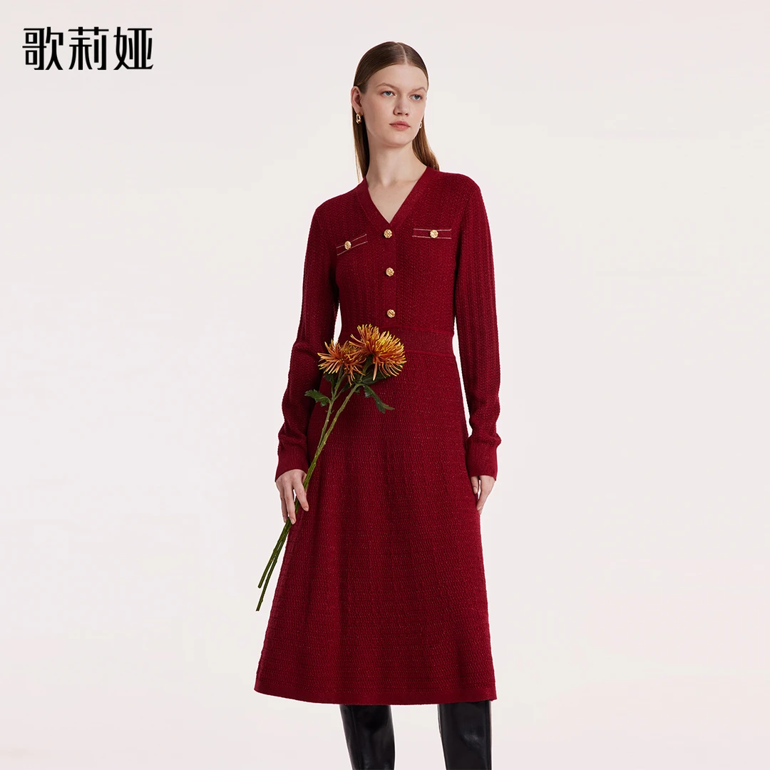 歌莉娅奥莱 冬季可机洗羊毛毛织复古酒红色收腰连衣裙1BCC4G220