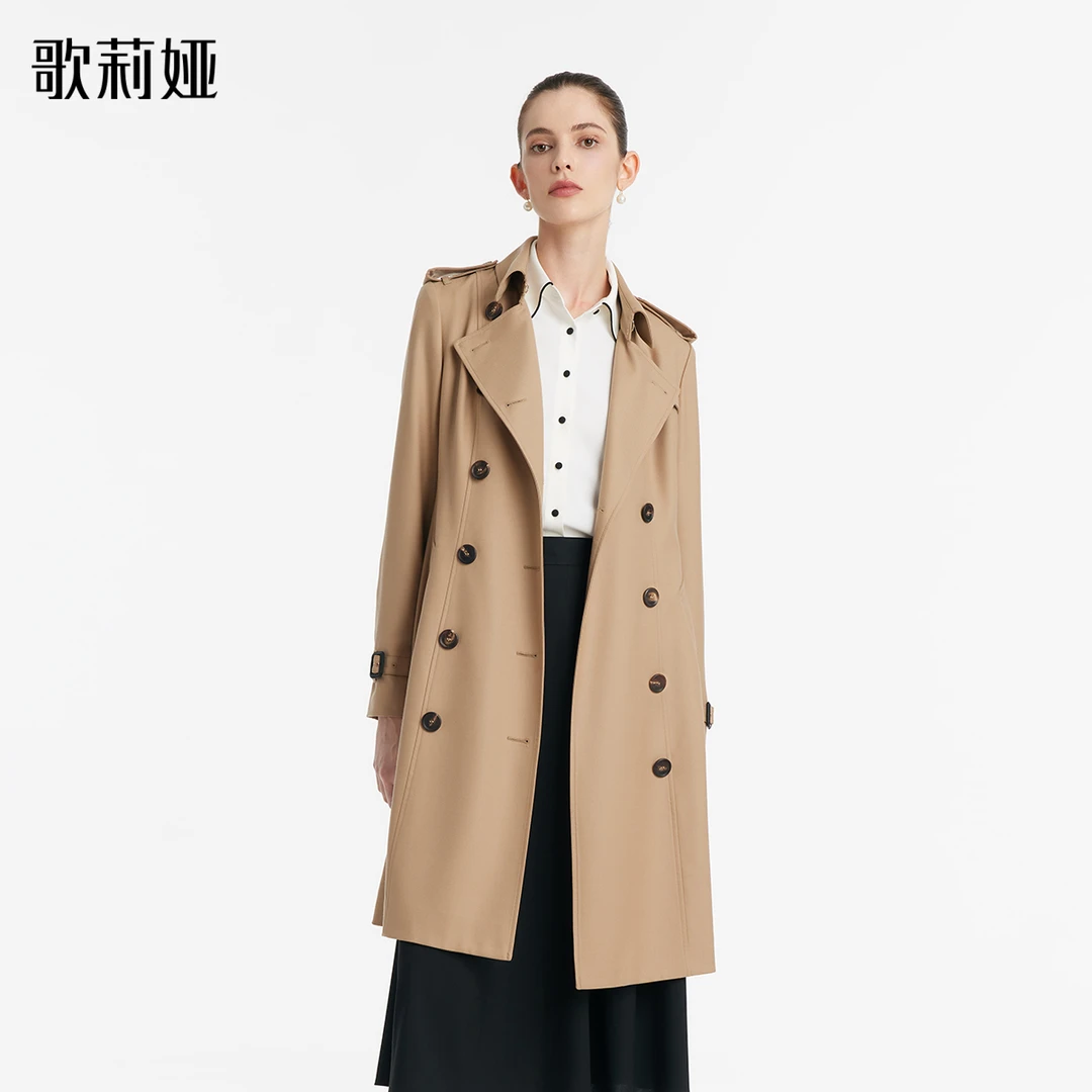 【商场同款】歌莉娅英伦风双排扣精纺绵羊毛收腰风衣1C1L6L190