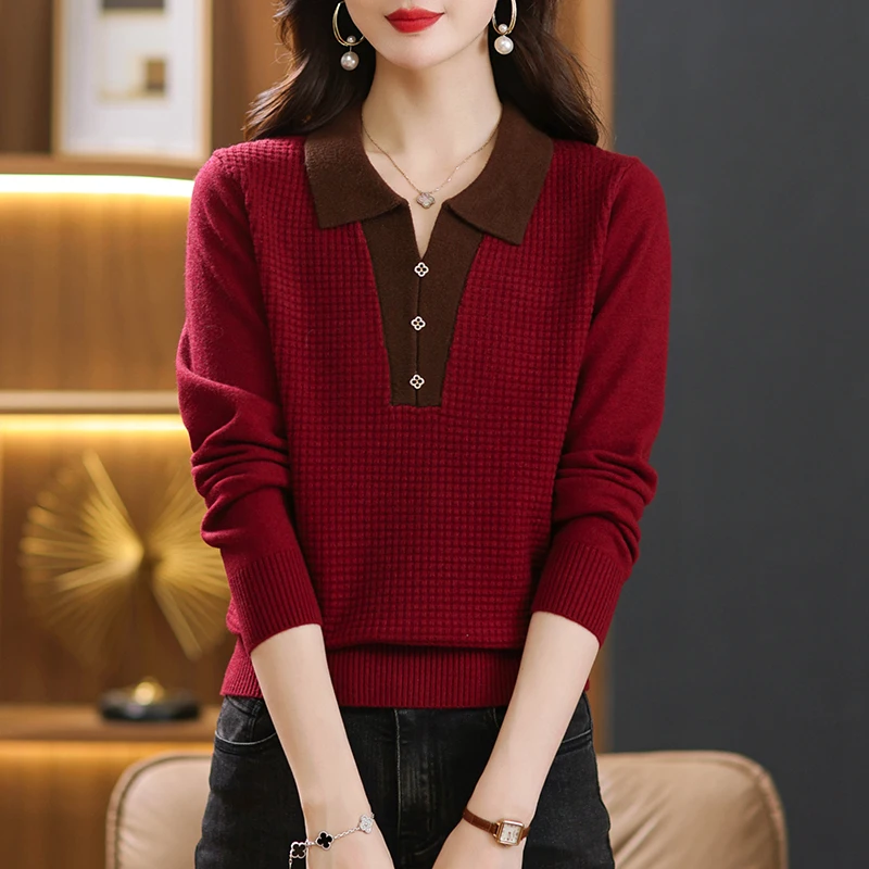 2024春秋新款女士针织假两件套头翻领拼色时尚显瘦宽松妈妈上衣