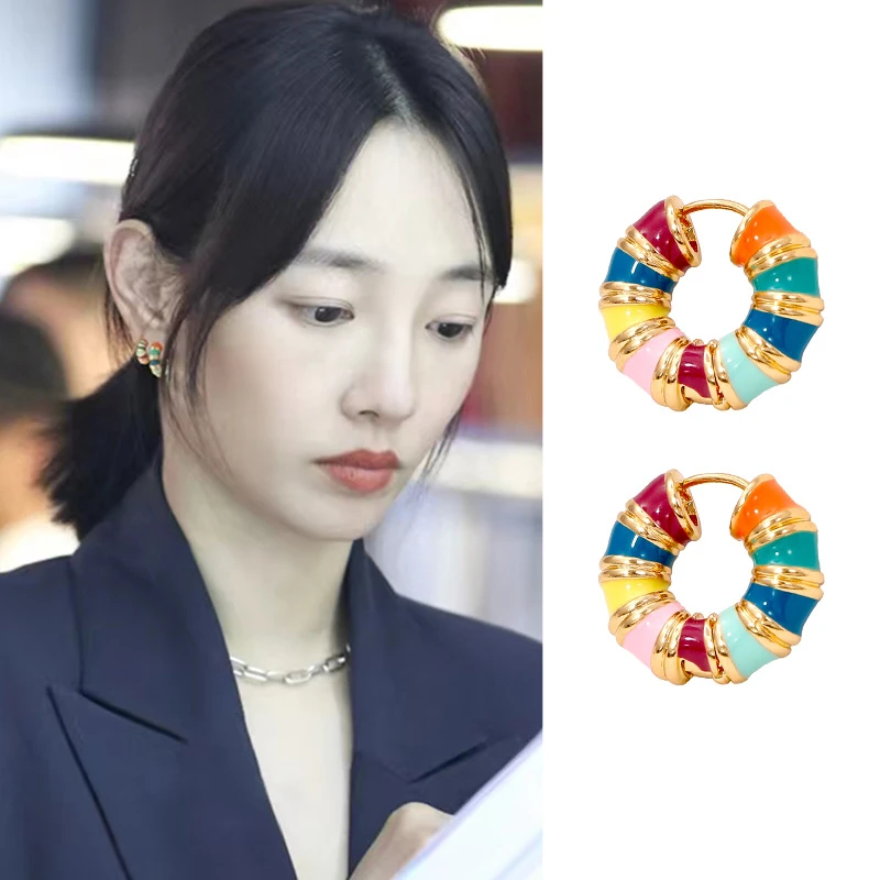 铜合金耳饰 白百何同款复古彩色圈圈耳环女秋冬小众时尚耳环
