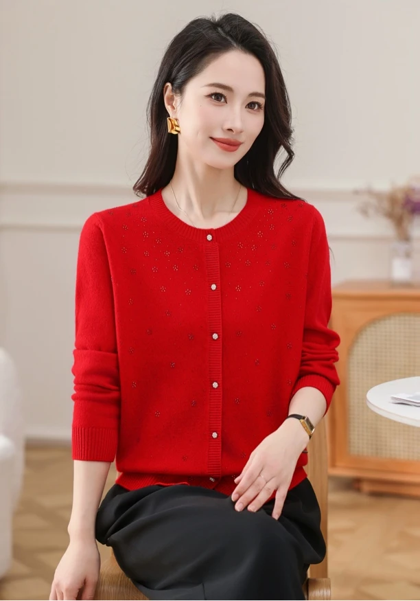 【100%羊毛】秋冬新款烫钻开衫圆领显瘦女装长袖羊毛衫毛衣