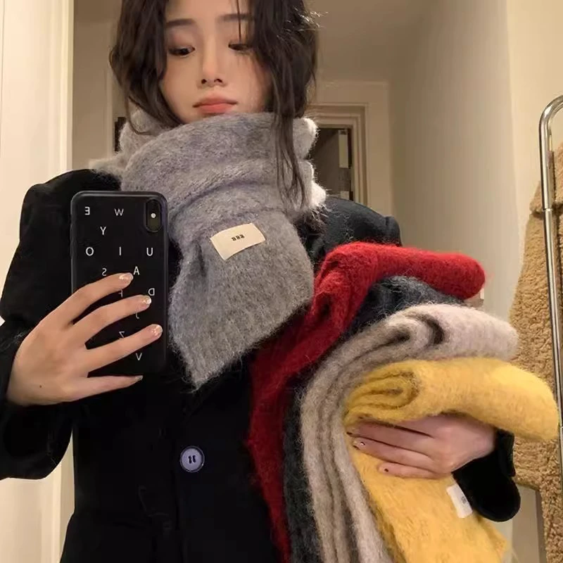 韩版软糯纯色含羊毛围巾女冬季2024新款针织毛线保暖脖套学生围脖