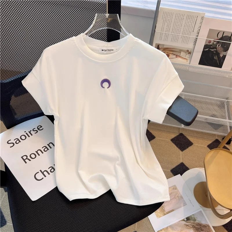 广州十三行小众休闲白色月亮网红爆款女装高级穿搭短袖T恤