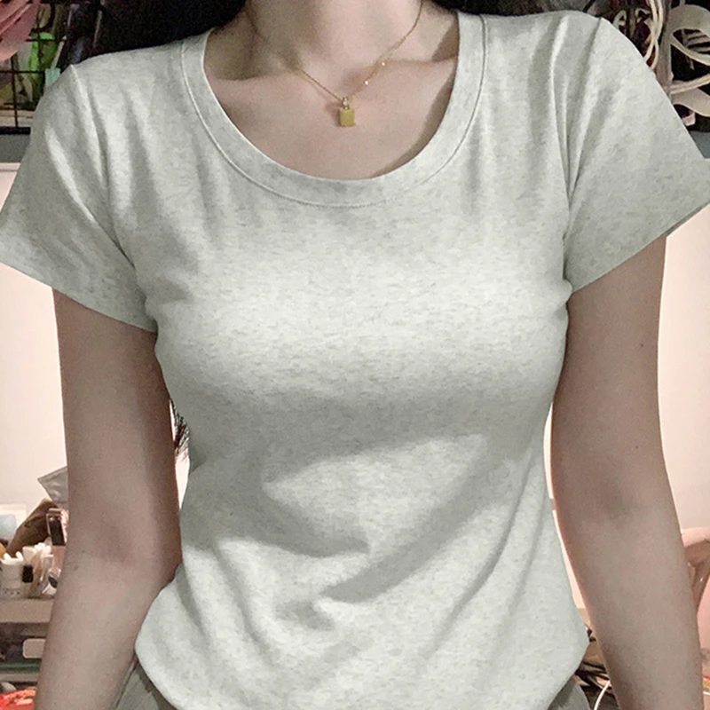 2025新款灰色圆领美式正肩短袖t恤女内搭夏季修身短款上衣打底衫