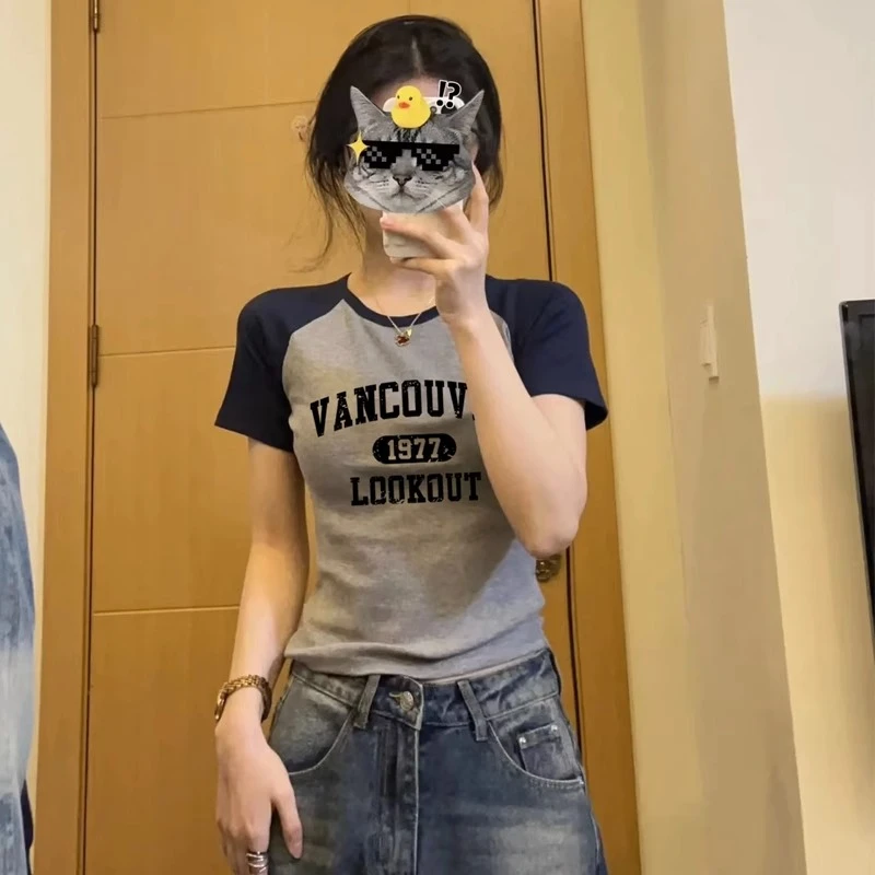 撞色插肩袖短袖t恤女2025新款夏季美式复古小个子体恤辣妹上衣