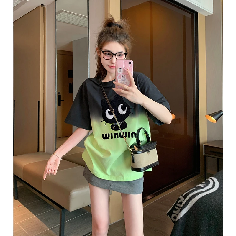 2025新款夏季设计感绿色渐变卡通短袖t恤女小众复古美式休闲上衣