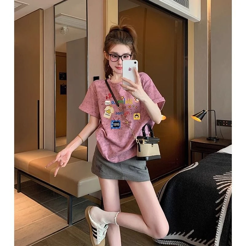 2025新款夏季高级感晕染正肩短袖t恤女美式复古宽松休闲上衣