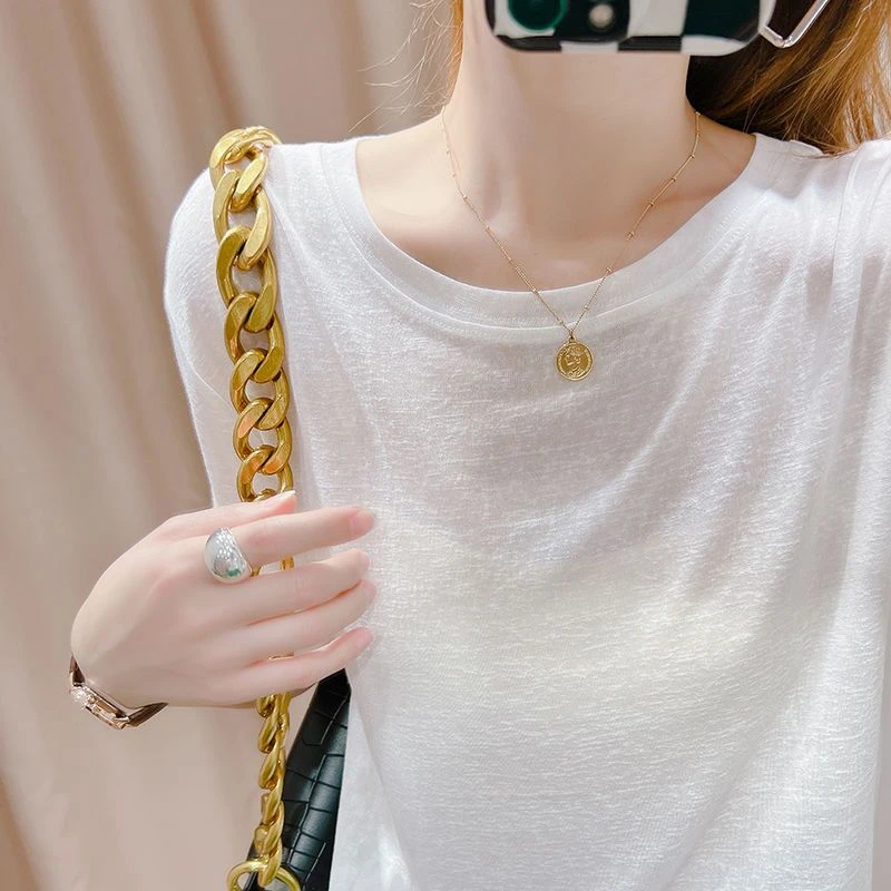 夏季微透冰丝短袖t恤纯色宽松白色打底衫体恤西装内搭上衣女薄款