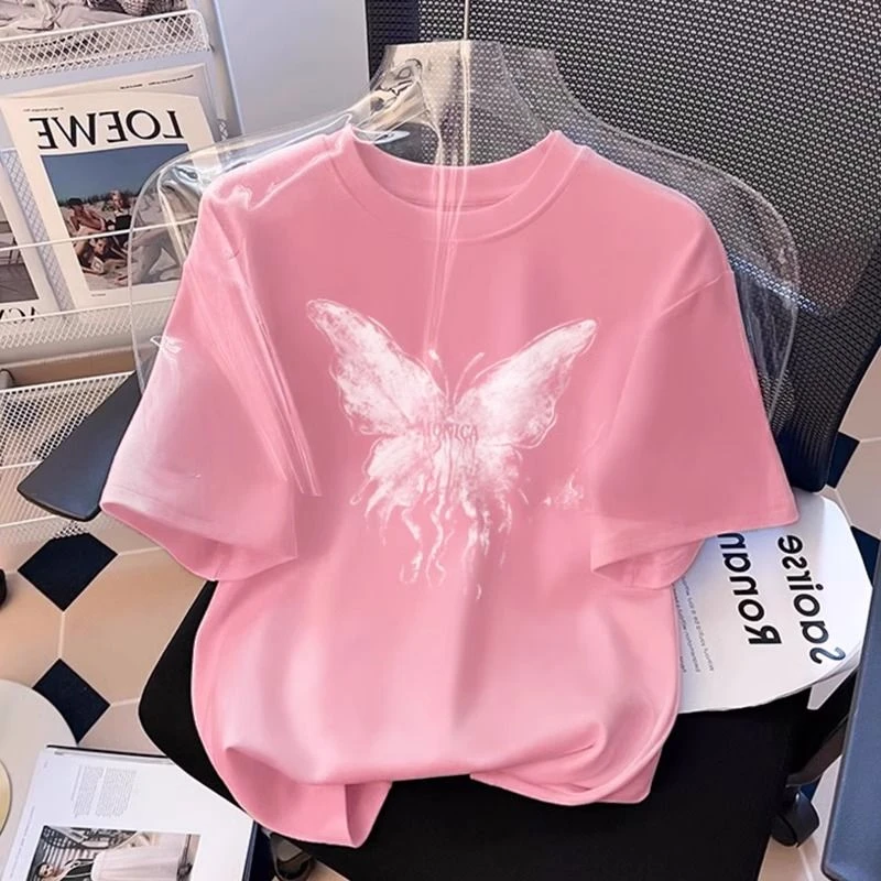 2025新款欧货宽松白色正肩圆领短袖t恤女半袖体恤显瘦夏季上衣潮