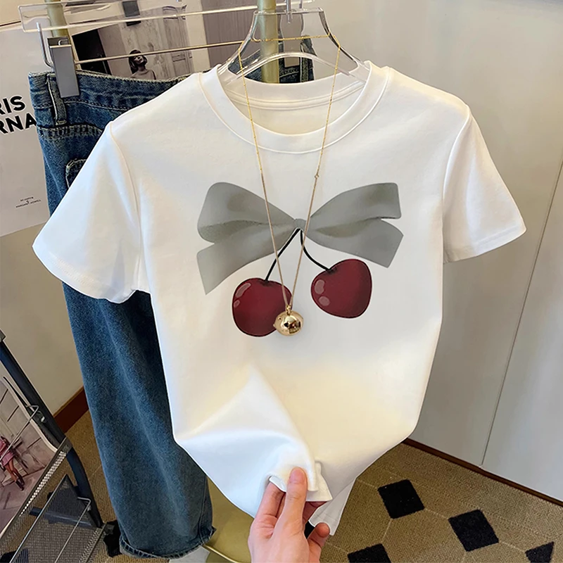 2025新款白色樱桃印花短袖t恤女夏季百搭正肩休闲宽松上衣ins