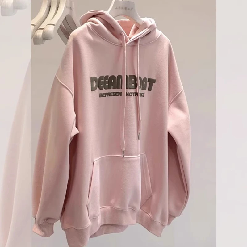 欧货漂亮美式慵懒风袖粉色连帽加绒卫衣女2025新款秋冬上衣潮