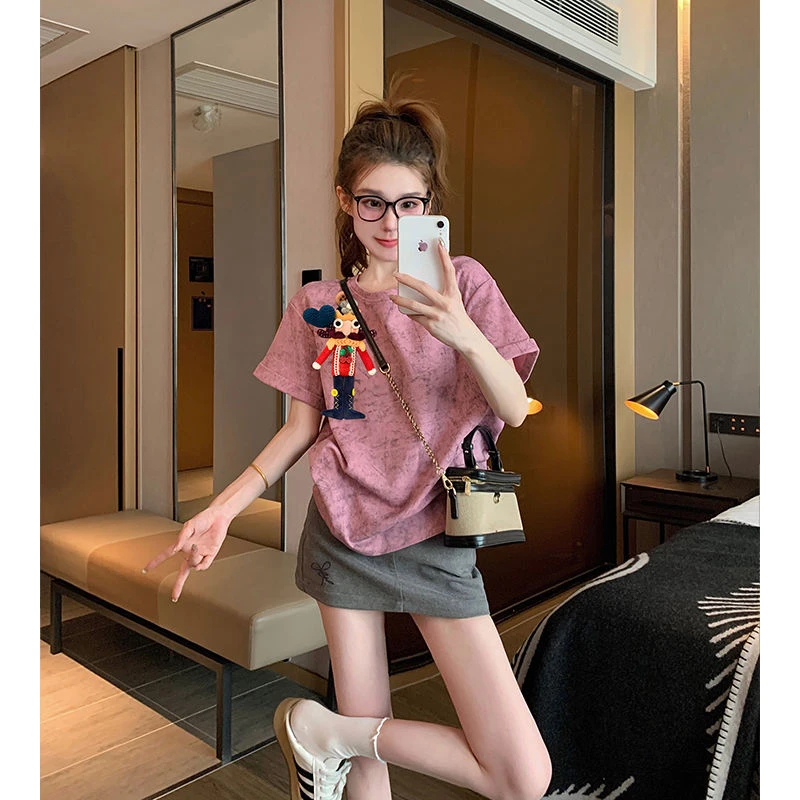 夏季设计感小众港味重工立体玩偶晕染短袖t恤女复古小个子上衣ins