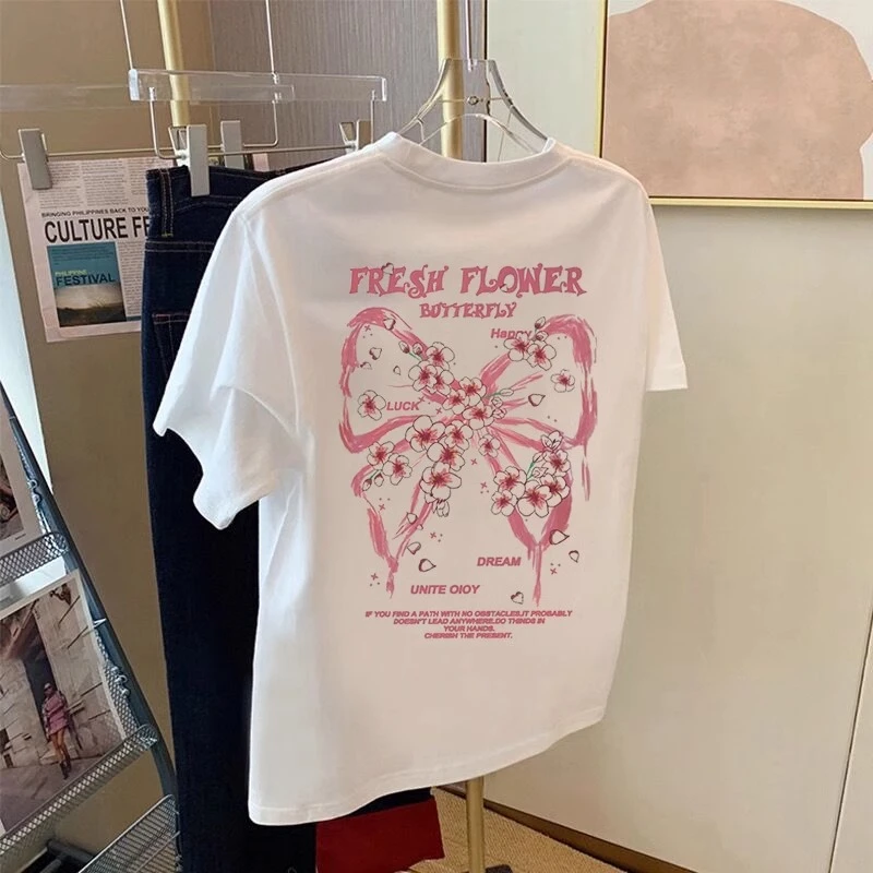 2025夏季棉蝴蝶新款正肩短袖T恤女时尚百搭减龄显瘦白上衣ins宽松