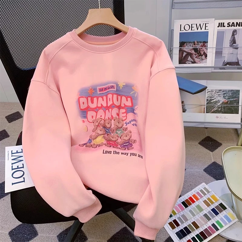 美式复古趣味卡通圆领卫衣女秋冬2025新款宽松插肩袖加绒加厚上衣