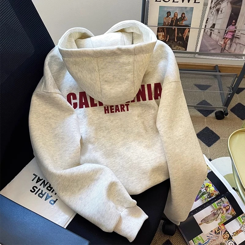 灰色连帽卫衣女2025新款秋冬加绒加厚美式复古超火炸街宽松上衣潮