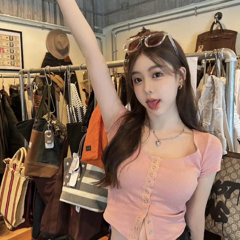 粉色修身显瘦露脐高腰短款短袖t恤夏季女百搭辣妹纯欲性感上衣白