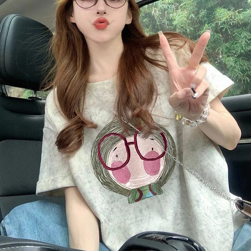 夏季欧货洋气正肩扎染短袖t恤女2025新款卡通印花设计感半袖上衣