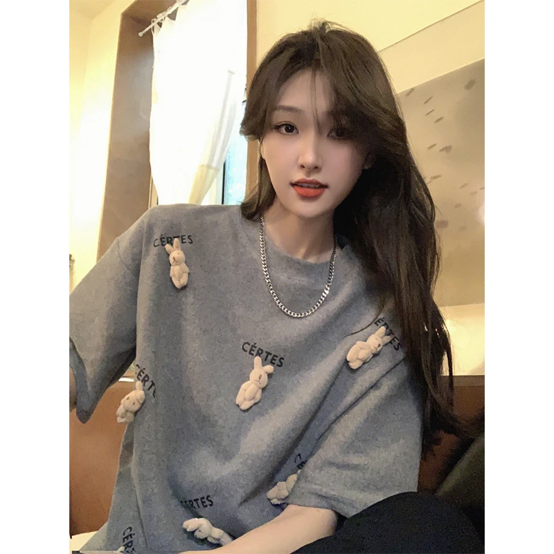 夏季棉美式复古灰色兔子短袖t恤女半袖体恤设计感小众宽松上衣