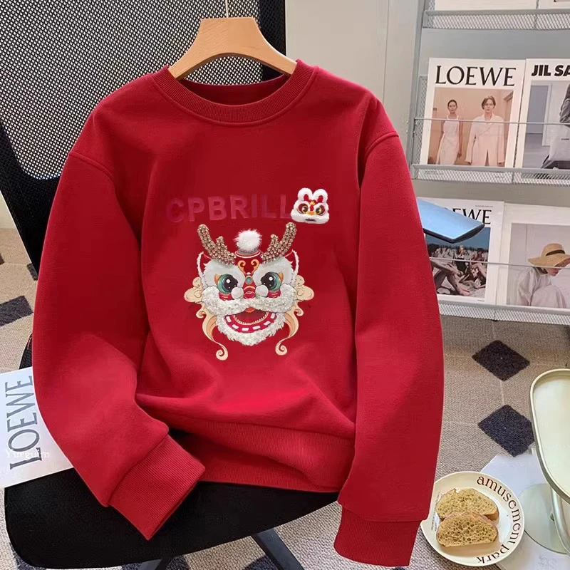 圣诞红色卫衣女2025新款加绒加厚秋冬韩版宽松小个子圆领套头上衣