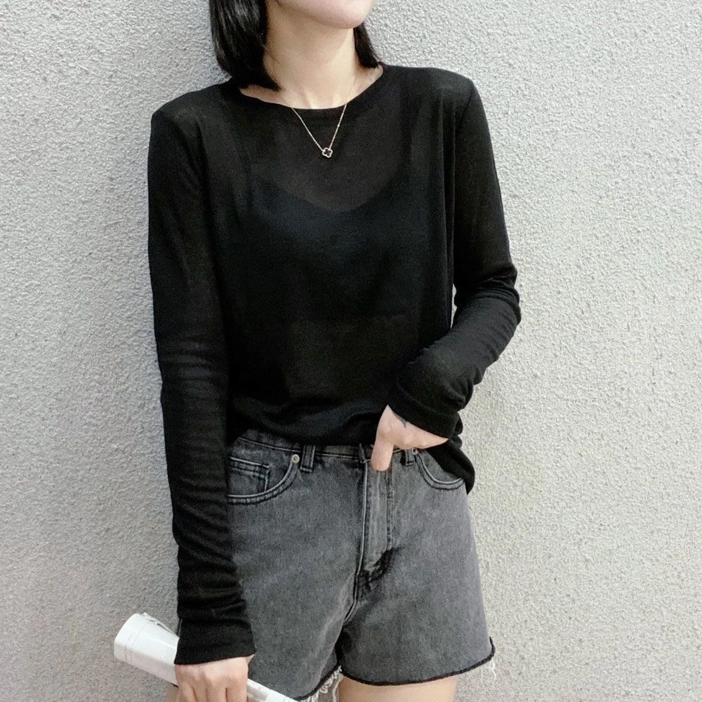 欧洲站2025年春秋新款面膜T恤长袖女黑色打底衫修身显瘦上衣