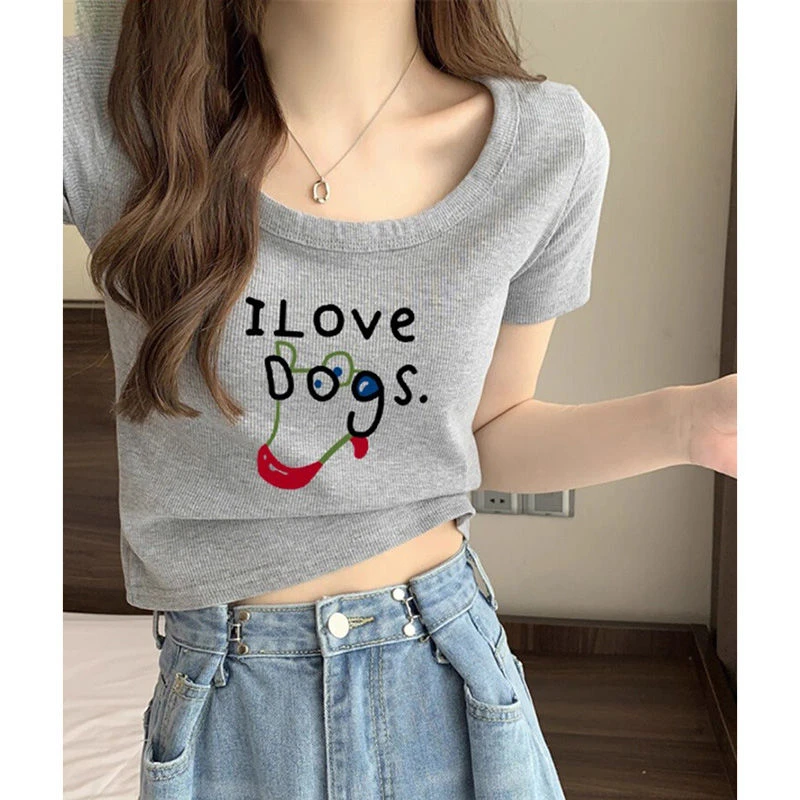 2025新款灰色正肩短袖t恤女士夏大领口修身高腰高级感短款小上衣