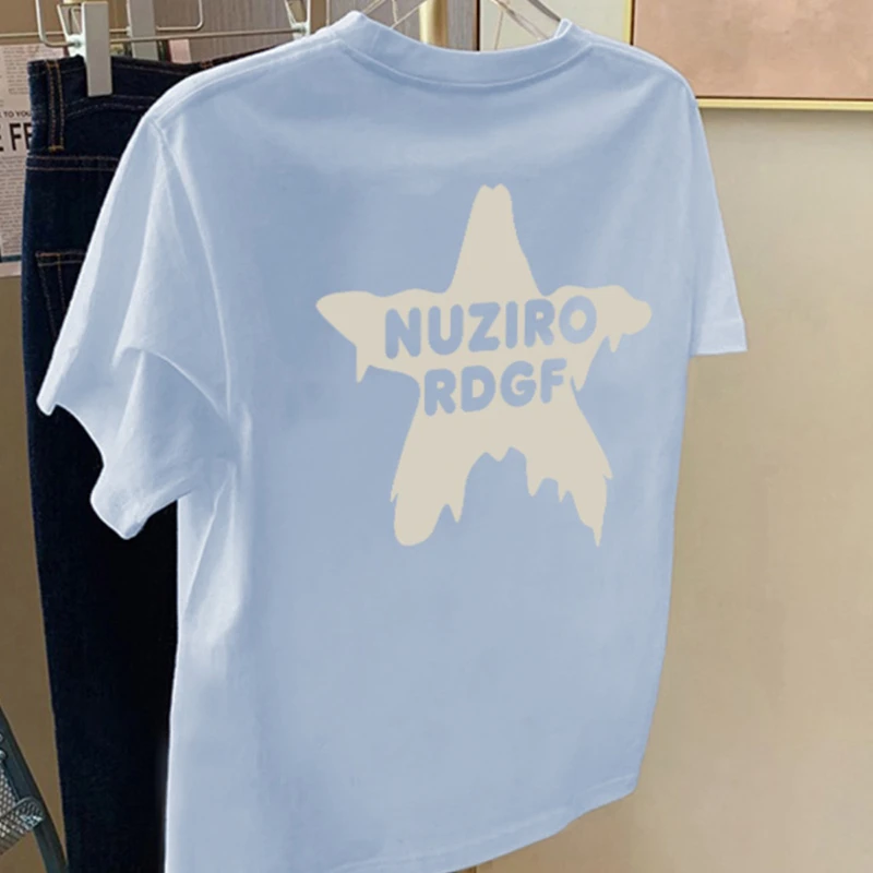 2025新款夏季奶蓝色短袖宽松版t恤女款多巴胺设计感独特别致上衣