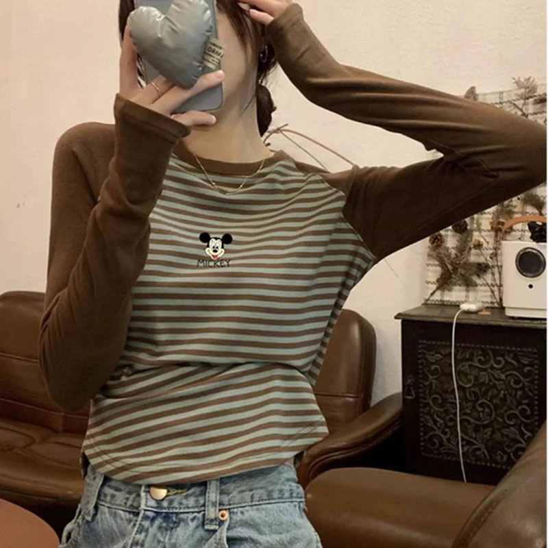 2025新款撞色条纹休闲百搭加绒正肩长袖t恤女减龄加厚上衣打底衫