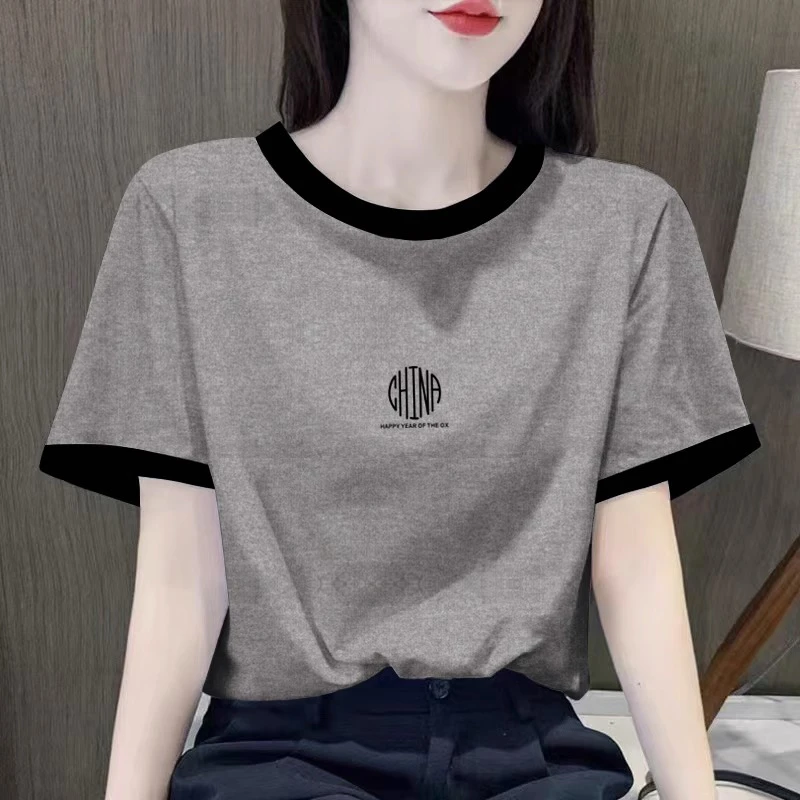 2025夏季新款撞色灰色棉短袖T恤女士印花宽松显瘦圆领体恤上衣