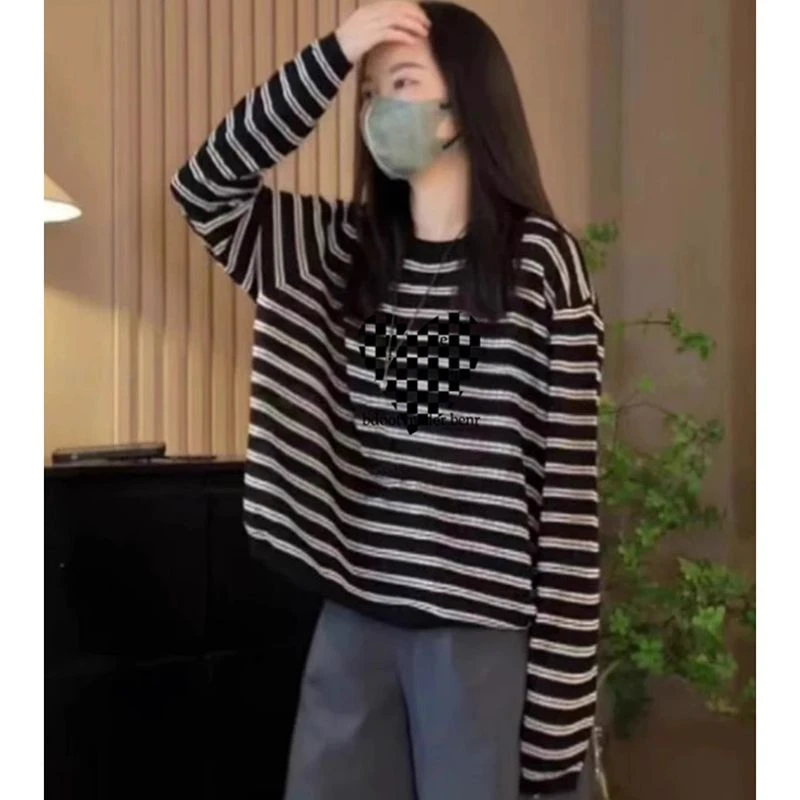 慵懒风条纹长袖t恤女早秋2025新款韩版洋气宽松气质长袖上衣