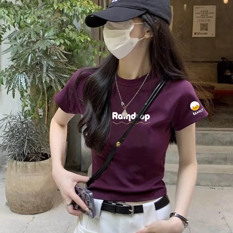 2025夏新款短款紫色多巴胺正肩短袖T恤女辣妹上衣设计感修身上衣