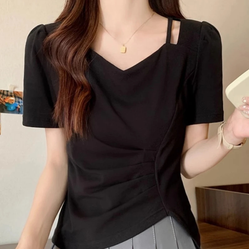 夏薄款大码微胖MM不规则黑色短袖T恤女修身显瘦设计感正肩V领上衣