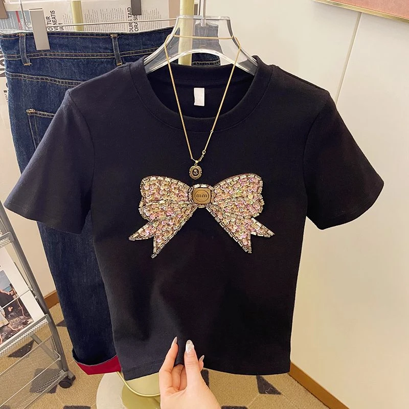 春季小众设计感黑色立体装饰镶钻短袖t恤女修身显瘦百搭短款上衣