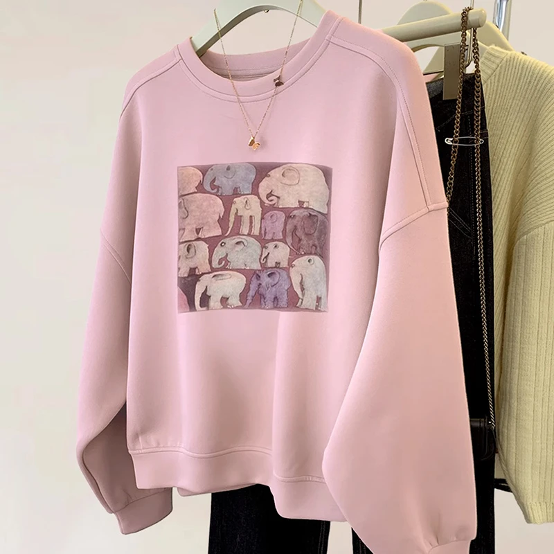 粉色圆领印花卫衣女2025新款秋冬冬季加绒加厚爆款欧货小个子上衣