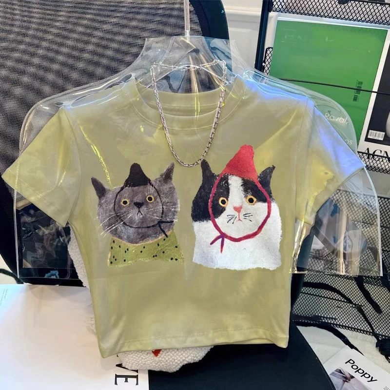 夏季多巴胺穿搭绿色正肩短款t恤女修身辣妹小个子狗狗短袖上衣ins