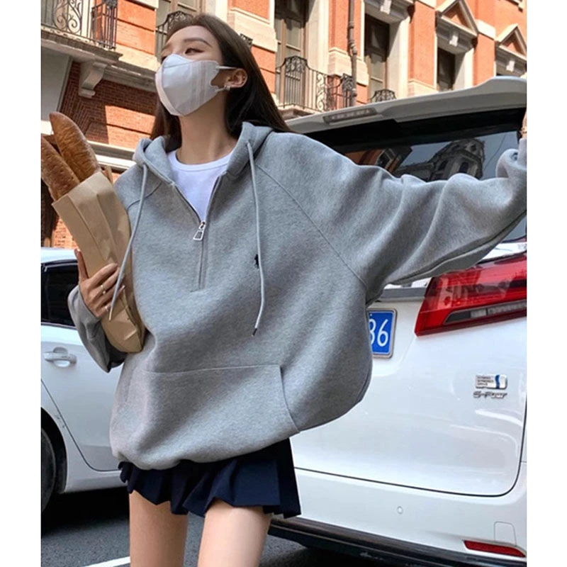 2025新款爆灰色连帽卫衣女秋冬款时尚洋气宽松加绒加厚半拉链外套