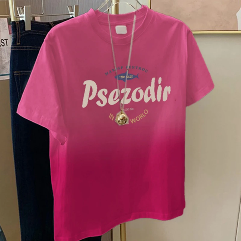 2025新款爆款潮牌玫红色短袖t恤女夏季高端欧货宽松韩版半袖上衣