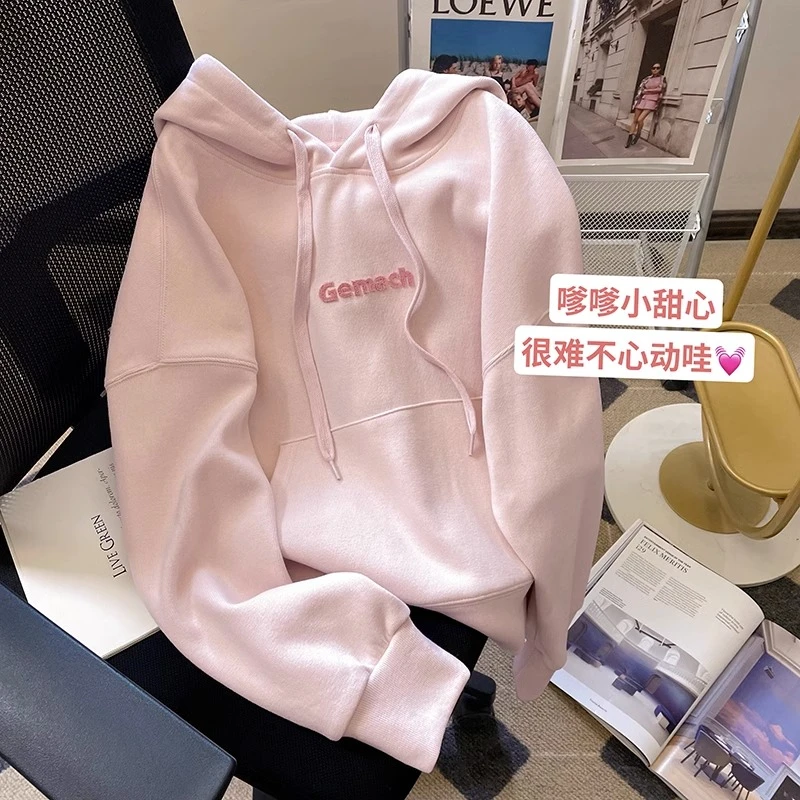 2025年粉色连帽卫衣女季新款美式复古宽松休闲套头加绒加厚上衣