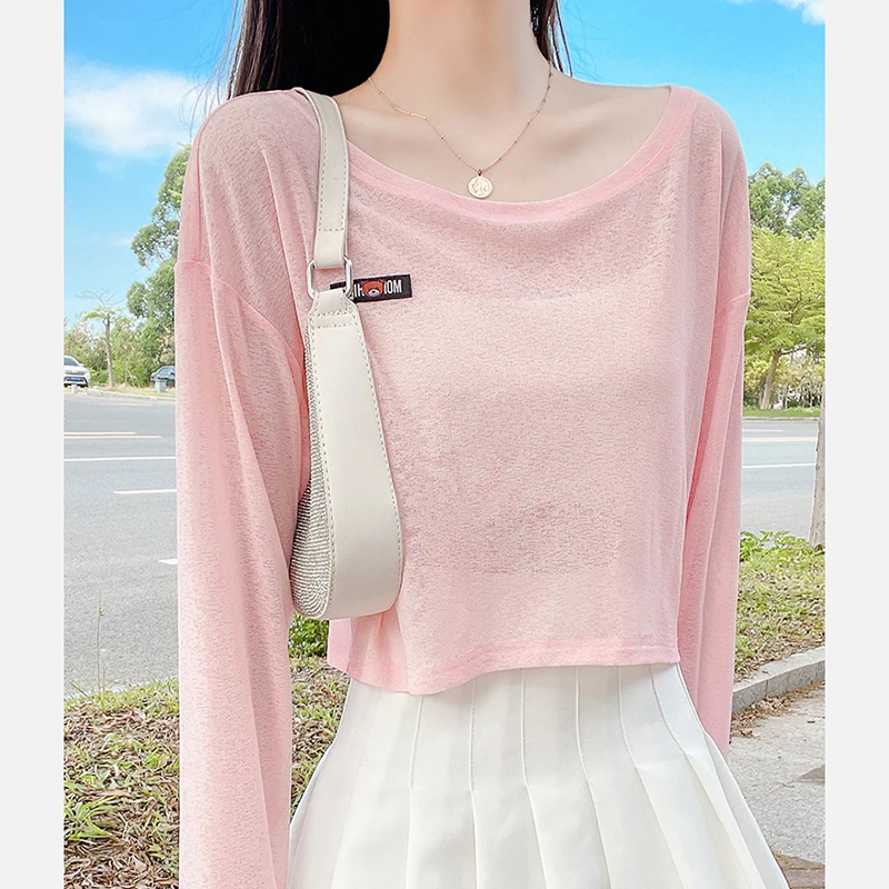 防晒内搭打底衫长袖t恤女夏薄宽松冰丝面膜罩衫粉色外搭短款上衣