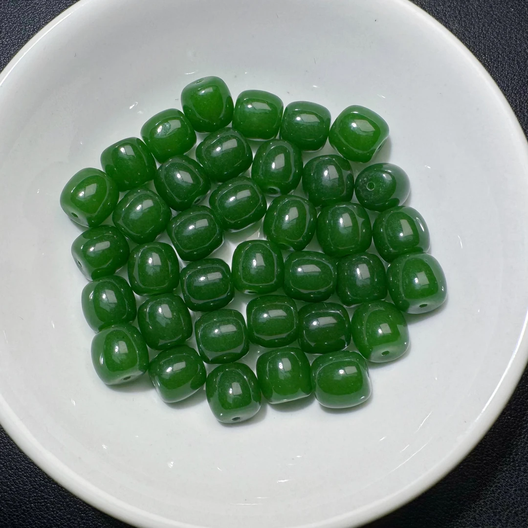 散珠天然和田碧玉 桶珠10*10mm 30颗（赠弹力绳）D054