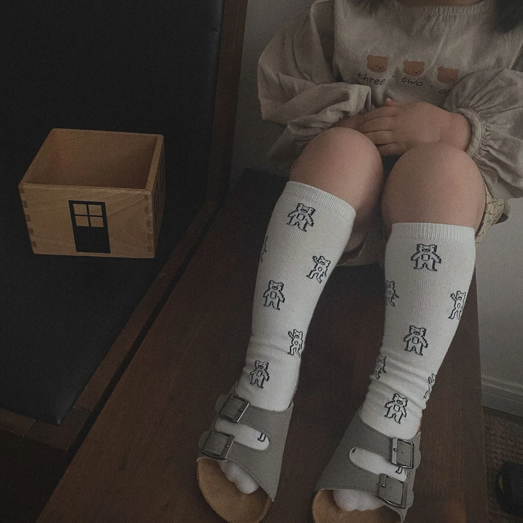 两双装包邮韩版春秋季儿童袜子ins棉袜小腿袜直板-满身提花长筒袜