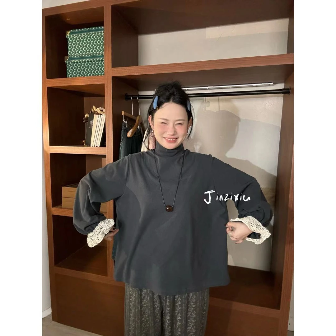 【金子秀】• 蕾苏苏 •ins博主款秋冬新款设计感高领拼接喇叭袖T恤