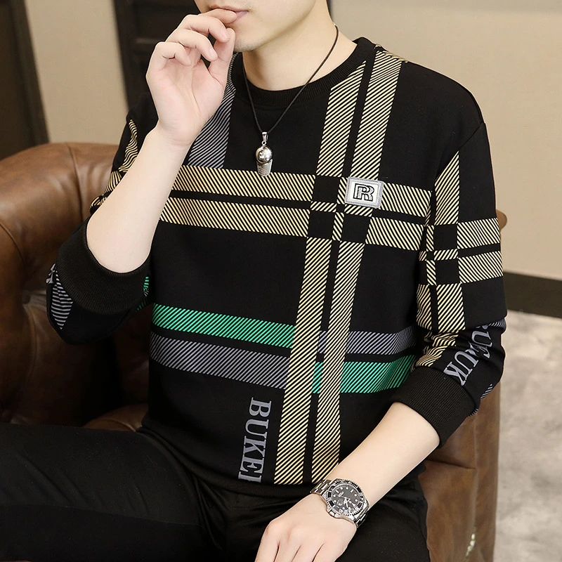 男士圆领长袖t恤2023秋冬新款套头上衣宽松休闲字母印花男装卫衣