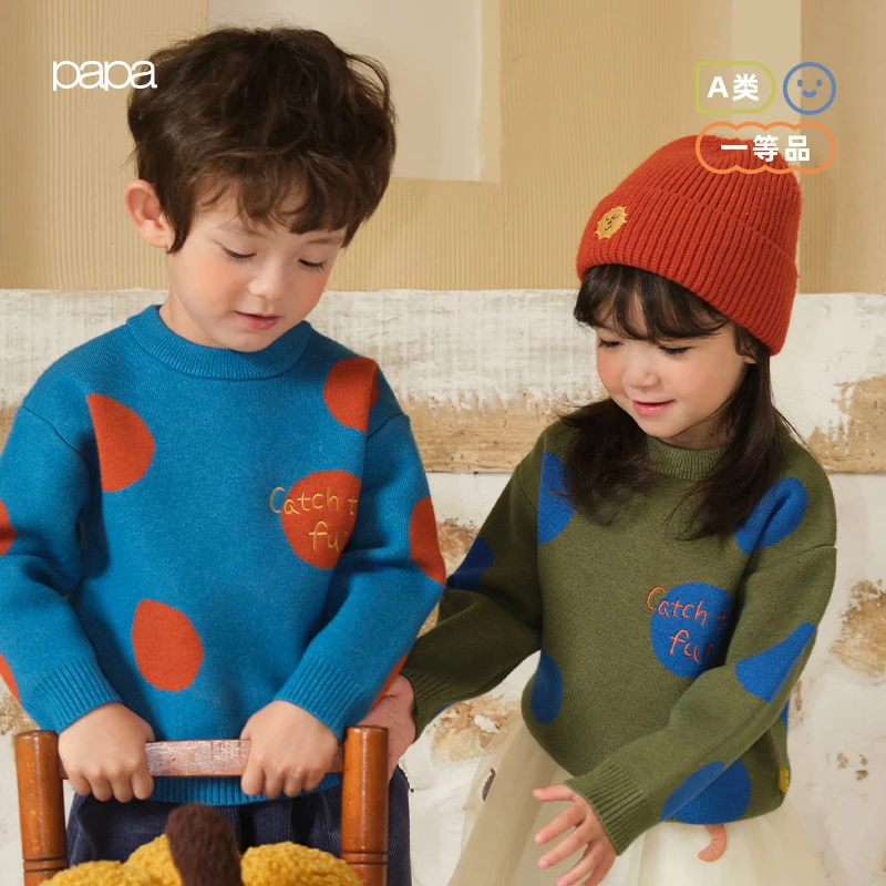 【提花毛衣】papa爬爬儿童秋冬圆领保暖宝宝圆点撞色舒适套头毛衣