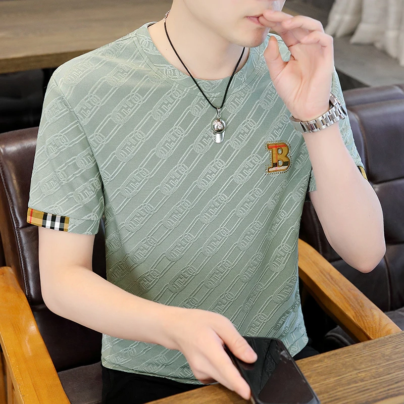 冰丝短袖T恤男士夏装新款潮牌欧货半袖汗衫男装夏季轻薄打底上衣t