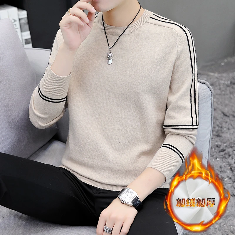 加绒加厚针织衫男士秋冬季新款潮流保暖毛衣男款冬装休闲打底线衣